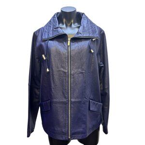 Chico's Navy Leather Zip-Up Jacket With Drawstring Collar Size 3